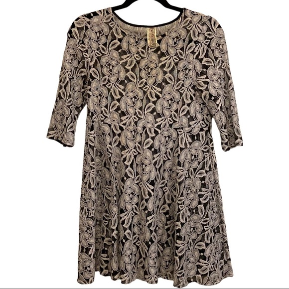 Free People Dresses & Skirts - Free People Black Gray Floral Lace Sheer Three-quarter Sleeve Feminine Dress